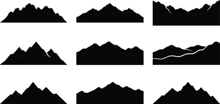 Vector set of black mountain range and rolling hill silhouettes for landscape design backgrounds