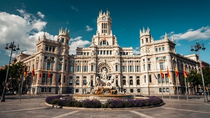Fototapeta premium Palacio de Comunicaciones building stands proudly under a blue sky in Madrid.