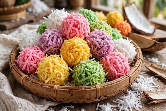 Colorful Kembang Gula Kelapa Traditional Indonesian Coconut Candy in Bamboo Basket