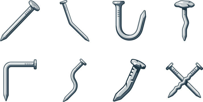 Bent and Straight Metal Construction Nail Vector Icon Set Featuring Damaged, Curved, Crooked, and Crossed Hardware Fastener Elements