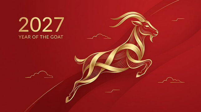 Golden goat illustration depicts the year 2027 with flowing lines and a red background
