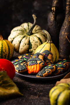 Spooky Halloween cookies in shape of black cat