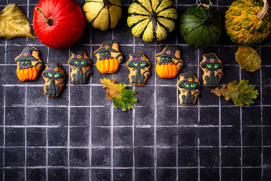 Spooky Halloween cookies in shape of black cat