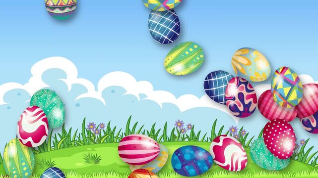 Colorful Patterned Easter Eggs Falling on Green Meadow Animation