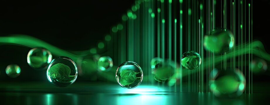 Abstract green spheres float in front of glowing vertical lines and wavy forms