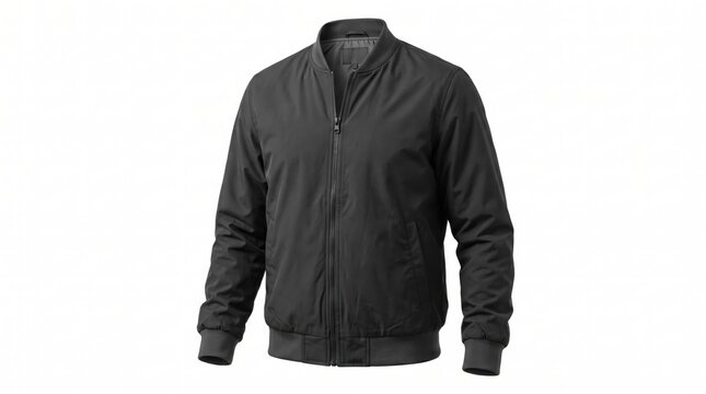 Black bomber jacket for men with front zipper closure