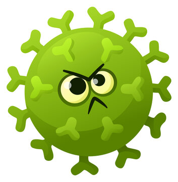 Cartoon virus with angry face. Green cell character