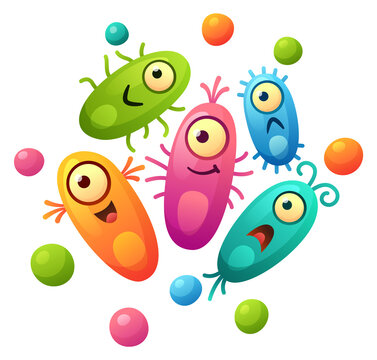 Cartoon microbes. Funny colorful germs with comic faces