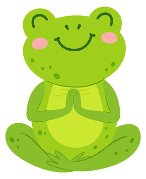 Calm frog in meditation pose. Cute green animal