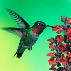 Fototapeta premium Detailed close-up of a hummingbird hovering beside white snapdragon blossoms