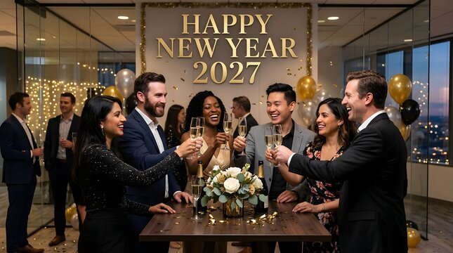 Group of business people celebrating new year 2027 in an office setting
