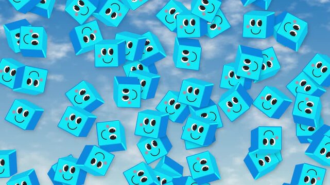 Animated Blue Smiling Cubes Falling Through a Cloudy Blue Sky
