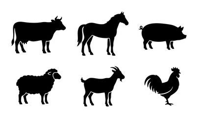 Fototapeta premium Farm Animal Silhouettes Collection: Cow, Horse, Pig, Sheep, Goat, Rooster Icons