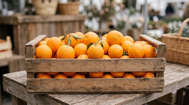Ripe oranges fill a vintage wooden box on a market counter bathed in soft daylight.