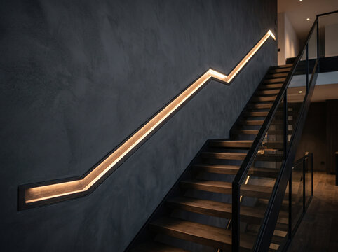 Modern minimalist staircase with illuminated handrail and dark concrete walls in luxury contemporary home interior architecture design concept