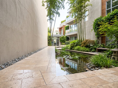 Modern courtyard with calm reflection pond, minimalist tile path, lush bamboo, and contemporary architecture for serene zen garden and urban landscape design concepts