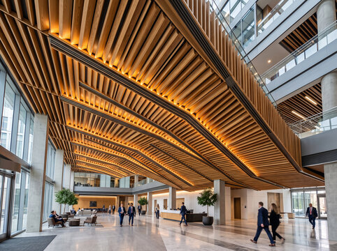 Modern Corporate Office Lobby Interior with Impressive Wooden Ceiling Slats and Architectural Design featuring Business People Walking in Commercial Atrium