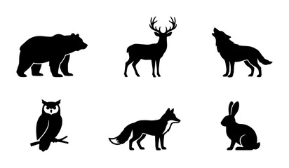Obraz premium Forest Wildlife Silhouettes: Bear, Deer, Wolf, Owl, Fox, Rabbit Icons. Nature Vector Graphics.