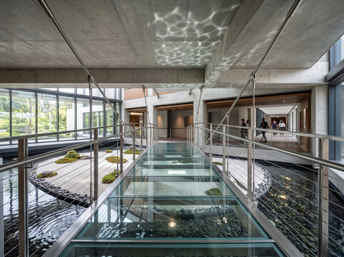 Modern architectural interior featuring a glass bridge over an indoor water feature and a serene zen garden with moss rocks in a contemporary building.
