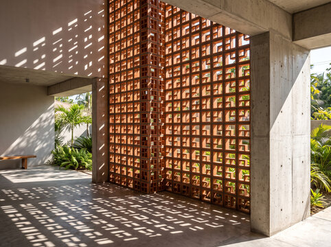 Modern architectural courtyard with terracotta breeze block walls and geometric shadows on concrete floor casting abstract patterns in tropical setting