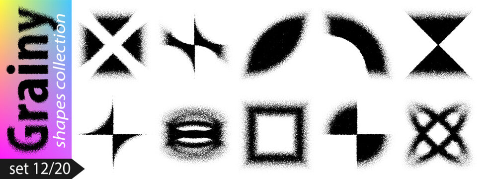 Grainy gradient triangle and dotted noisy globe for y2k shape vector. Sector grunge effect, abstract square cross and black pattern texture. Grainy halftone stencil of sand round dust dotwork