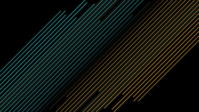 Black background with orange and blue diagonal lines in minimalist geometric motion design. Linear accents create speed, contrast, modern backdrop. Seamless loop. Video animation Ultra HD 4K 3840x2160