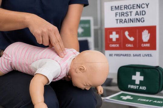 A person performs CPR training on a baby doll in a community center. Signs indicate emergency first aid training. People learn how to save lives through practice.
