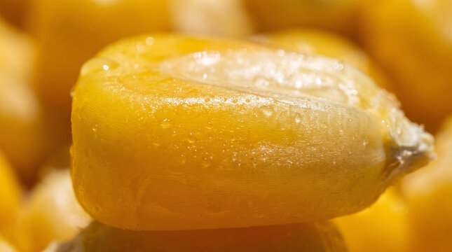 Single Sweet Yellow Corn Kernel with Dew Drops Macro Close Up