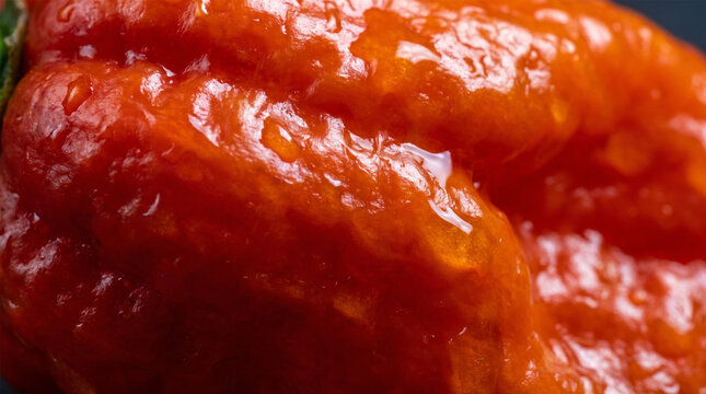 Wrinkled Glossy Red Skin Texture of Fresh Hot Habanero Pepper Macro
