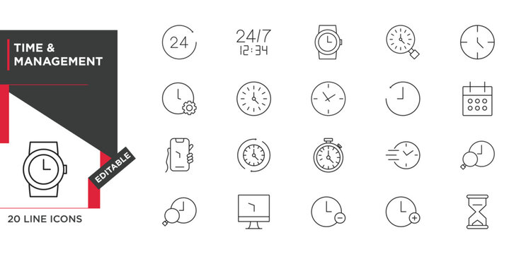Time management and smartwatch line icon set. Wristwatch, 24/7 service, hourglass, stopwatch, calendar schedule, speed clock, and time tracking vector icons. Editable stroke.