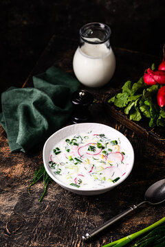 Okroshka traditional summer Russian cold soup with radish and ayran