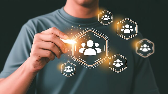 Businessman using digital interface touching social network or human resource icons for team management and recruitment