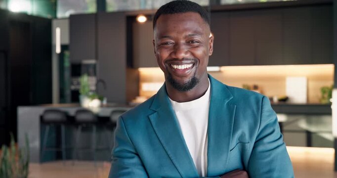 Realtor, man and arms crossed at open house with face, property staging or sale management expert. Real estate, black person or laugh for hosting showcase, new listing or confident for resale auction