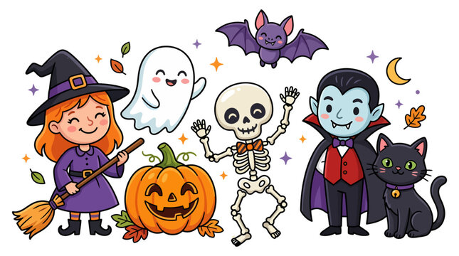 Cute Halloween Cartoon Characters Vector Set featuring Witch, Ghost, Vampire, Skeleton, Black Cat, Pumpkin, and Bat isolated on White