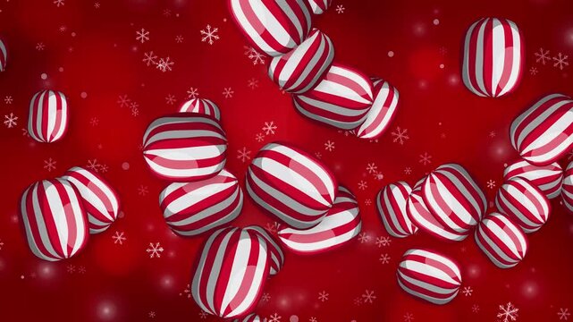 Red and White Striped Peppermint Candies Falling Over Snowy Background