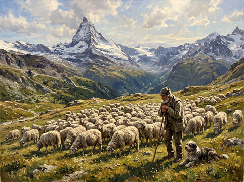 Traditional shepherd tending to a large flock of sheep in a scenic Alpine meadow with majestic snow-capped mountains and the Matterhorn peak in the background