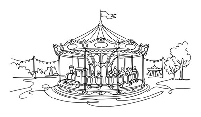 Continuous line art drawing of a merry go round carousel at a fairground with amusement park © MDRAFIQ