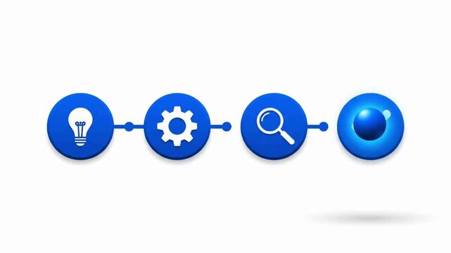 A minimalist corporate animation focused on strategic thinking and decision-making. The blue moving sphere acts as a visual progress indicator through four abstract business stages.