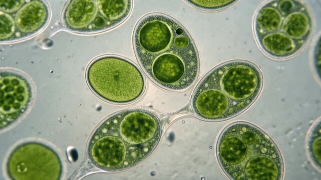 Green microalgae cells viewed through a microscope, intricate shapes and cellular structures visible on a glass slide, renewable biofuel research concept