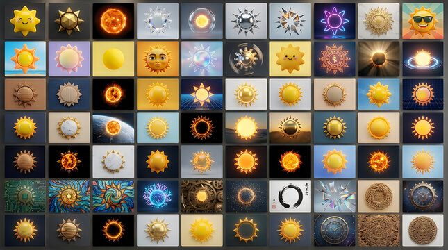 Collection of various sun icons and solar symbols featuring diverse artistic styles and creative design concepts