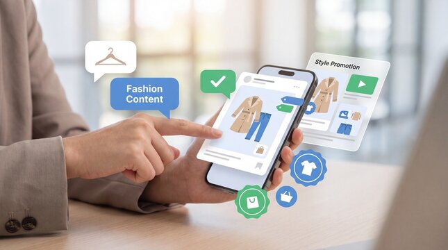 Person using a smartphone to browse fashion social media content with interactive digital icons