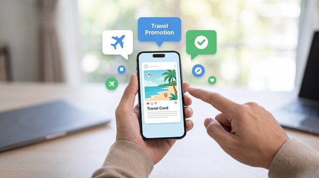 Person holding a smartphone displaying travel promotion content with social media style icons