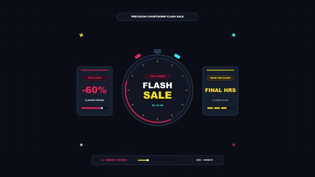 Dark mode online e-commerce countdown timer dashboard ui graphic element with promo hud widgets