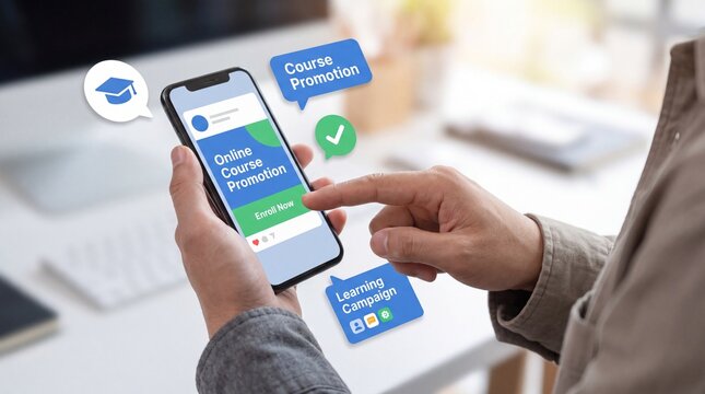 Person using a smartphone to interact with digital online course promotion icons in an office