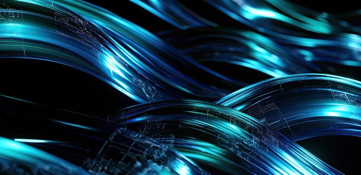 Flowing, interwoven strands of iridescent blue and teal light create an abstract, futuristic design