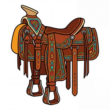 Vector illustration of an ornate brown leather western horse saddle with decorative patterns