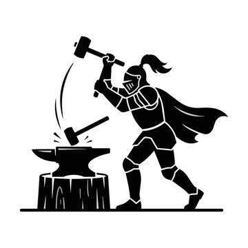 Solid black icon of a medieval knight in full armor swinging a heavy blacksmith hammer onto an anvil, isolated on white background, strength and craftsmanship concept