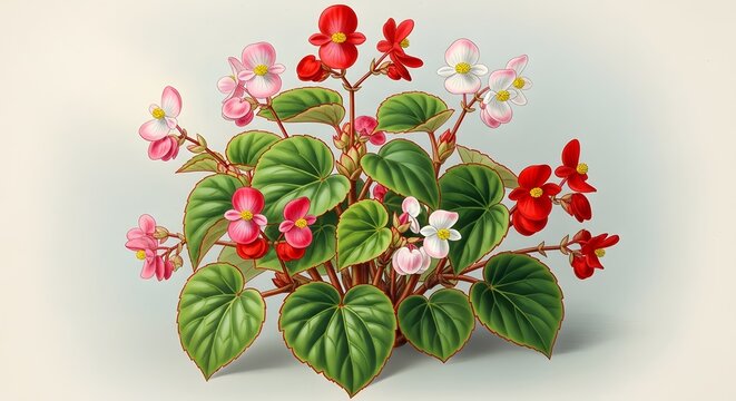 Vibrant Begonia plant with red and pink blossoms against a clean white background for botanical illustration