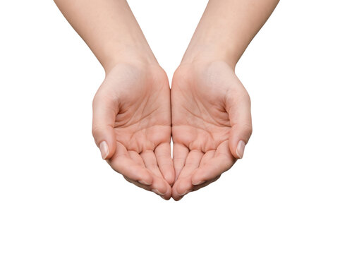 Caucasian woman cupping her hands together in offering gesture