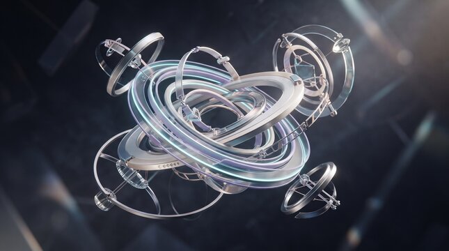 Futuristic orbital satellite network floating in deep space with intricate connection lines